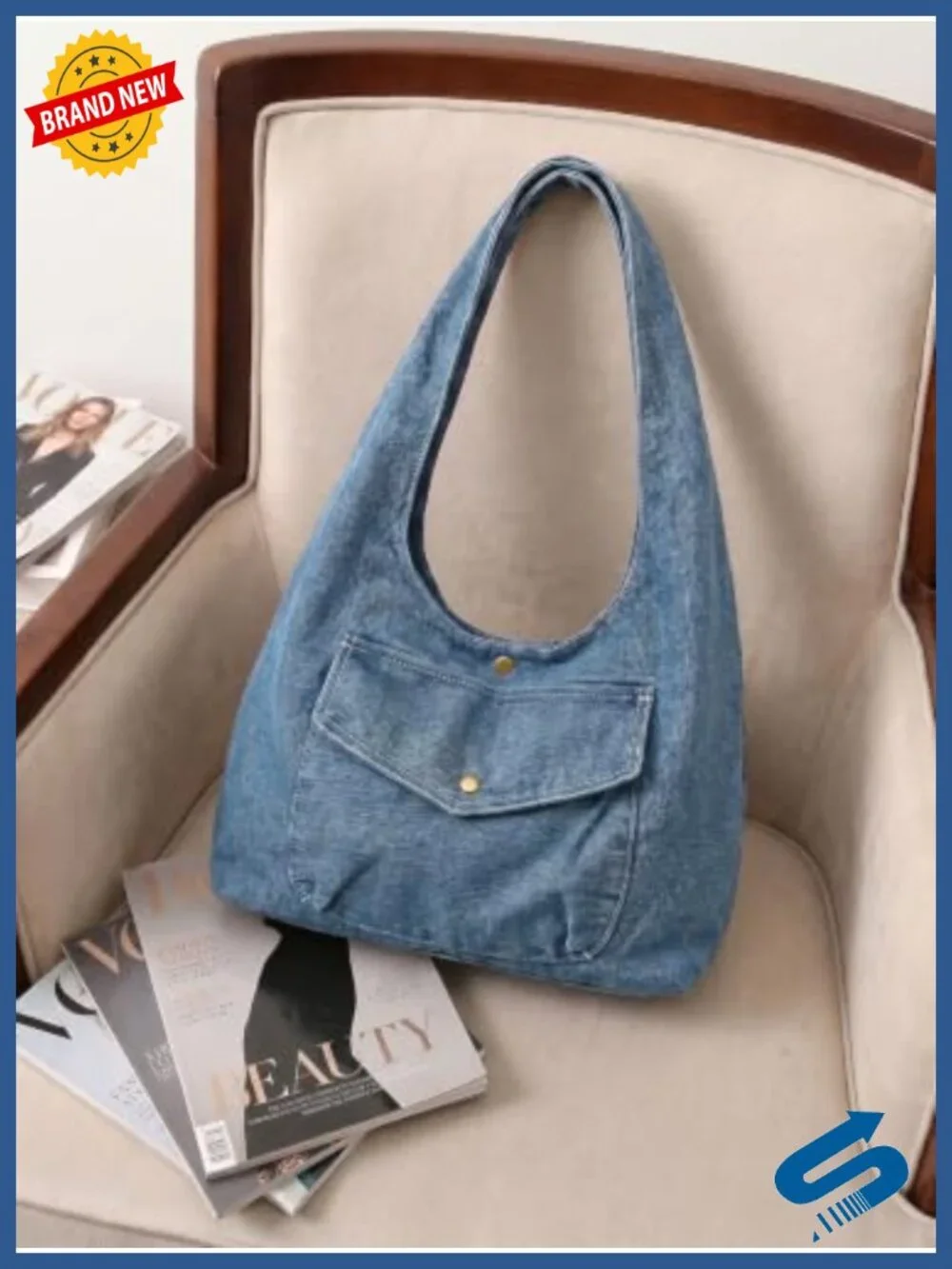 Denim Hobo Tote Bag Large Capacity Reversible Shoulder Purse